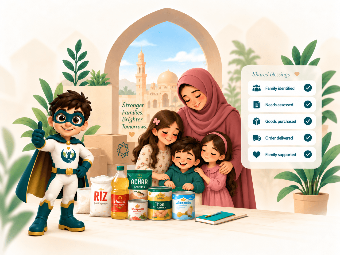 Illustration of a Kafil family receiving grocery support