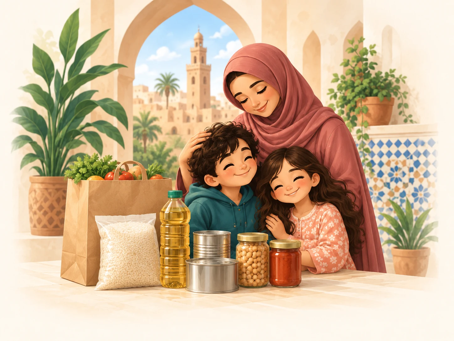 Illustration of a Moroccan mother and two children beside practical grocery support